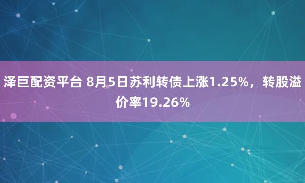 泽巨配资平台 8月5日苏利转债上涨1.25%，转股溢价率19.26%